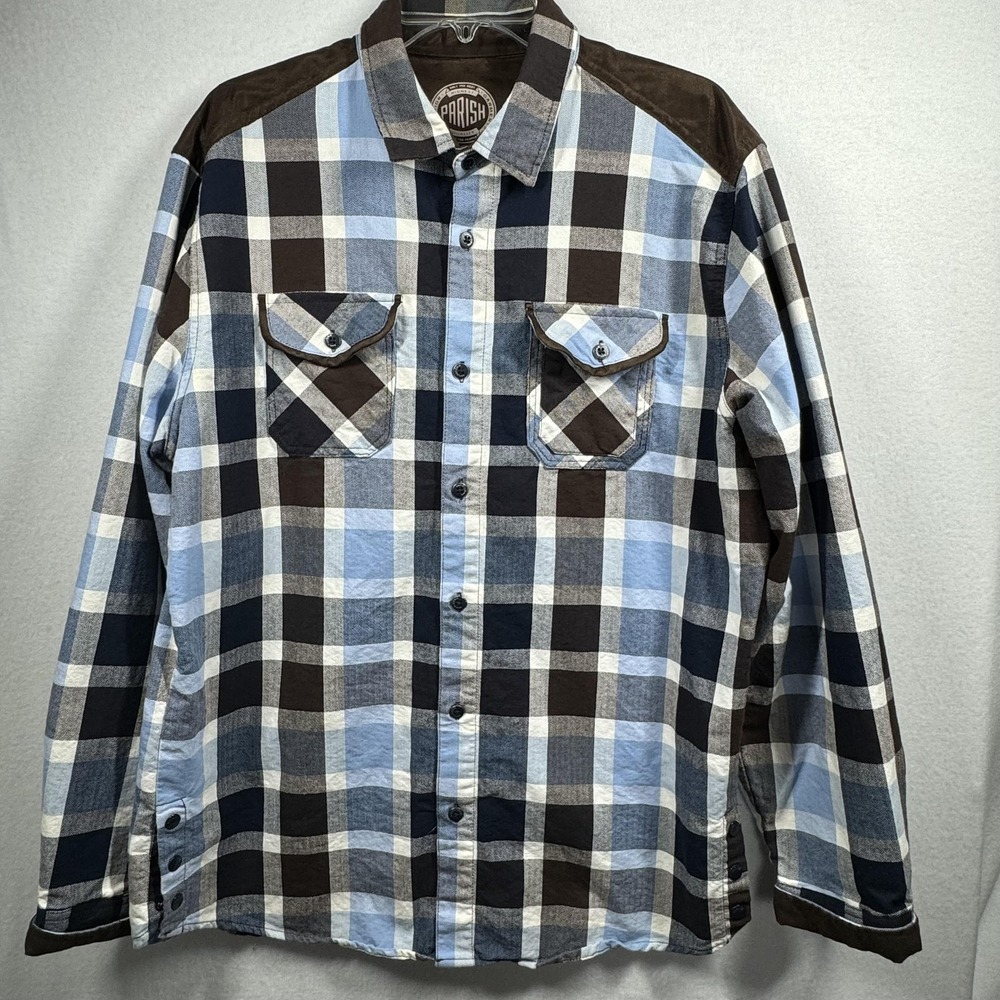 Parish Shirt Mens XL Blue Brown‎ Plaid Western Suede Elbow Patch Button Down